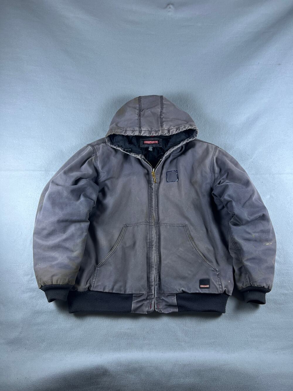 Craftsman Canvas Jacket Men L Gray Hooded Quilt Lined Distressed Workwear Winter